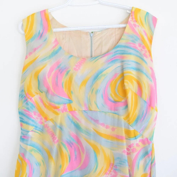 Yellow Teal Pink Tie Dye Sleeveless  Sunset Rainbow Cloud Flowy Maxi Dress M - Picture 9 of 13